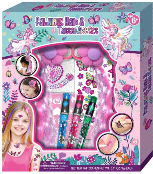Tetovací studio holčičí kreativní set 3 tetovací pera se šablonami a copánky