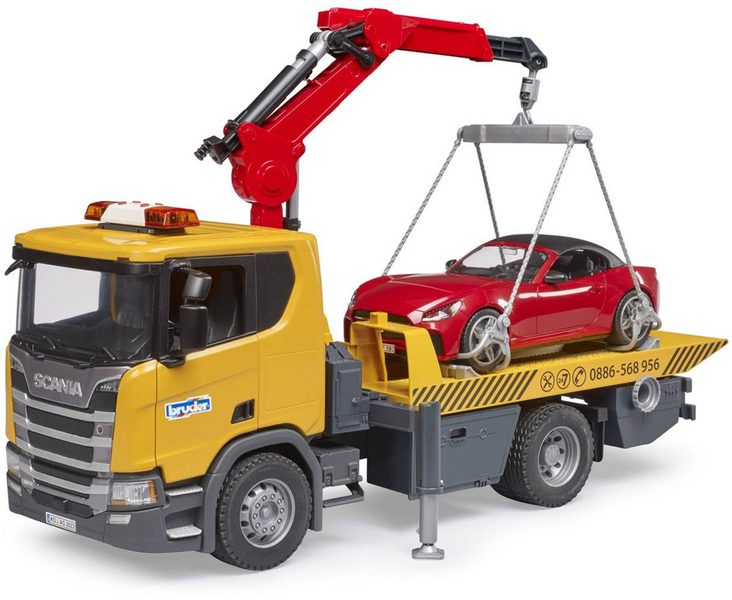 BRUDER 03552 Auto Scania Super 560R odtahovka + roadster na baterie Světlo Zvuk