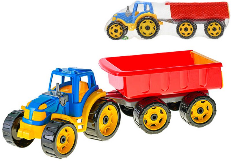Traktor barevný set se sklápěcím přívěsem 54cm plast v síťce