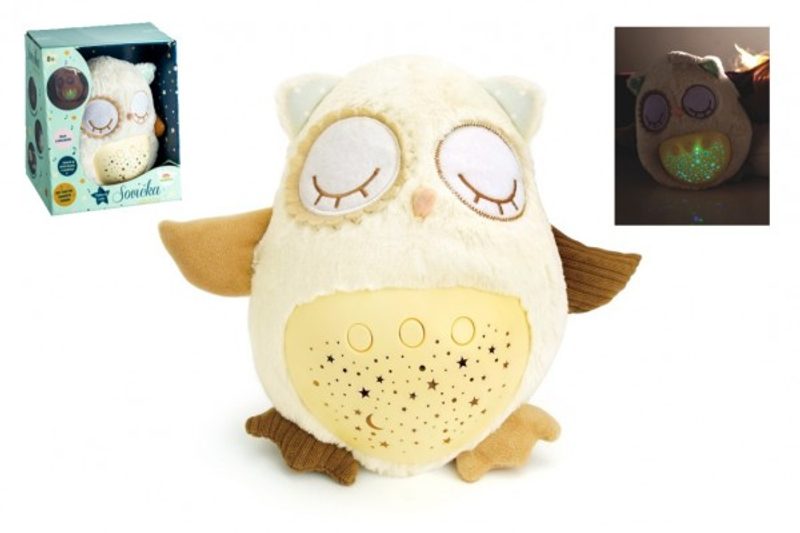 Sovička Usínáček plyš 25cm na baterie se světlem se zvukem v krabici 22x26x17cm