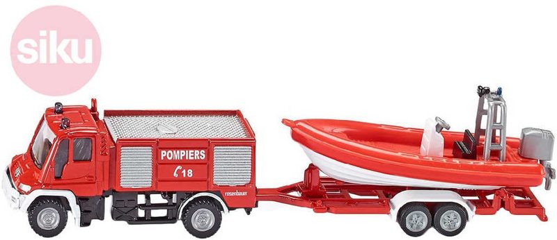 Auto hasiči Unimog s přívěsem s člunem 1:87 kovové 1636