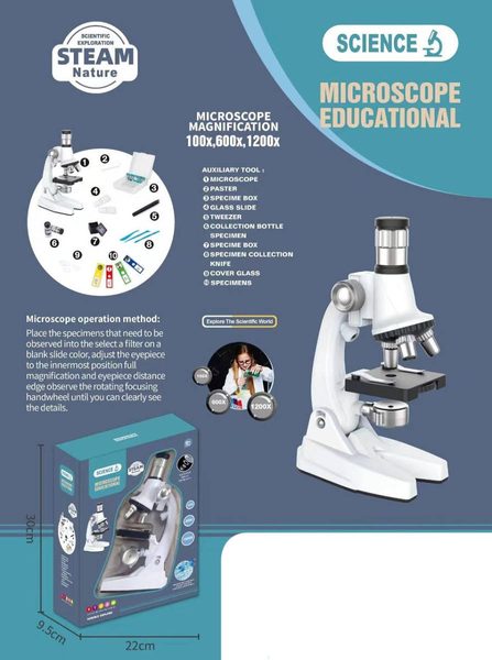 Mikroskop dětský střední zvětšení až 1200x na baterie v krabici