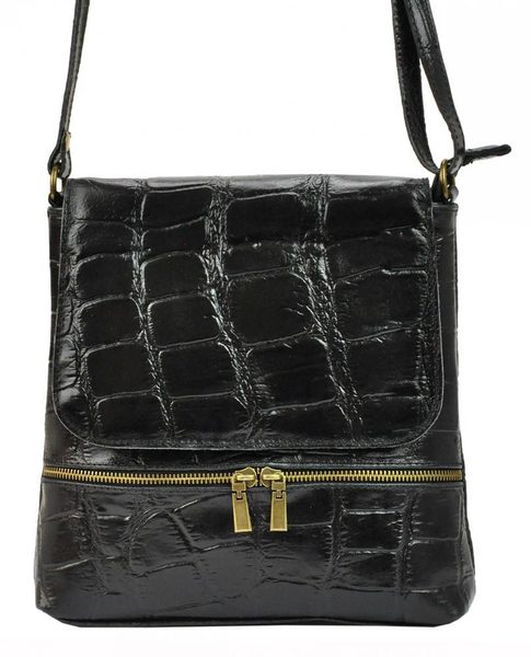 Kožená dámská crossbody kabelka v kroko designu černá