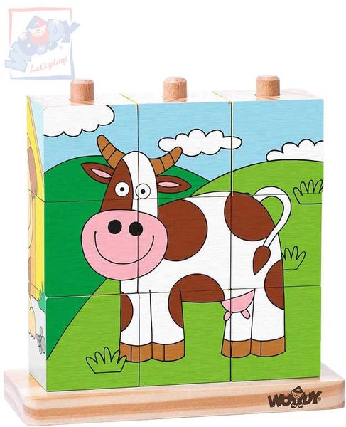 WOODY DŘEVO Baby kubus zvířátka navlékací kostky 9ks na tyčce