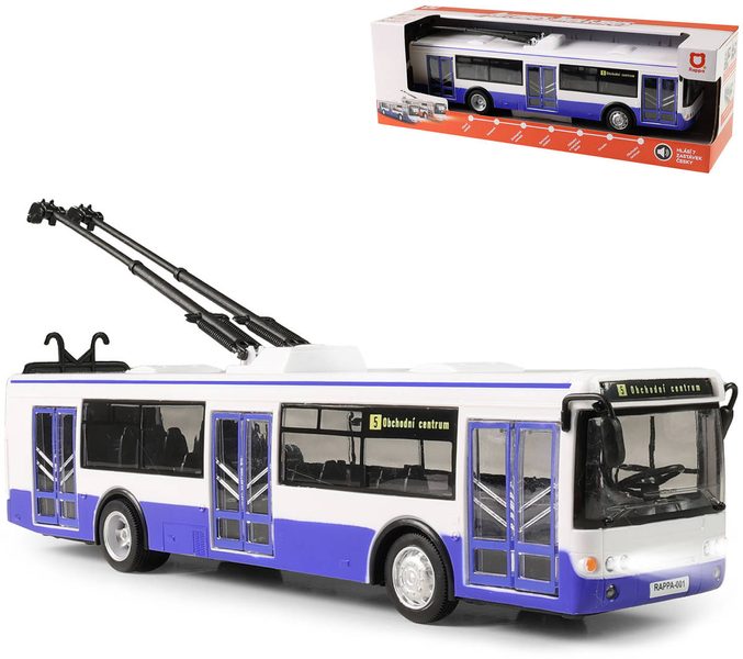 Trolejbus MHD modrý zpětný chod hlásí stanice na baterie Světlo Zvuk CZ