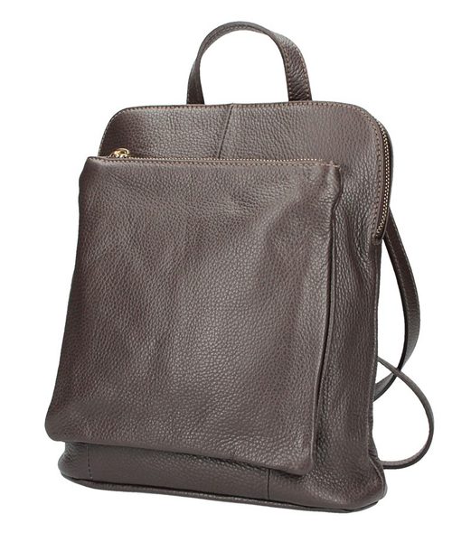 Kožený menší dámský batůžek s čelní kapsou a zlatými doplňky tmavě hnědý