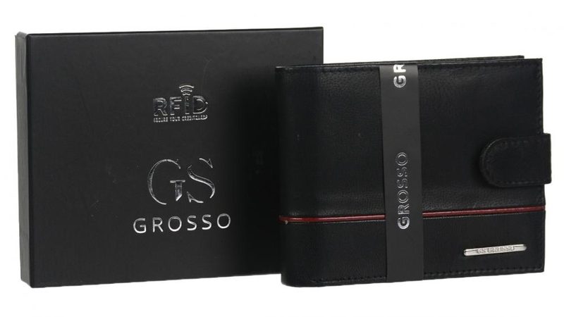 GROSSO Kožená pánská peněženka černá-červená RFID se zápinkou v krabičce