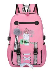 Velký růžový studentský designový batoh s potiskem pro dívky, USB port