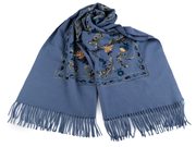 Velký teplý šátek / pléd vyšívaný s třásněmi, typu kašmír 70x180 cm — 2 modrá jeans