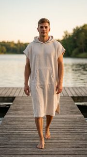 Pánské vaflové pončo s kapucí Saimaa béžová — S-M
