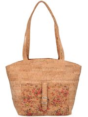 Korková přírodní dámská kabelka přes rameno s růžovými kvítky
