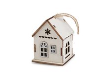 Dřevěný domeček svítící k zavěšení s glitry
