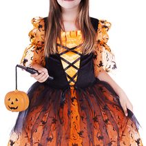 Dětský kostým oranžová čarodějnice/Halloween s kloboukem (M) e-obal