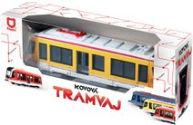 Tramvaj žlutá kovová MHD Městská hromadná doprava zpětný chod