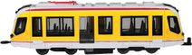Tramvaj žlutá kovová MHD Městská hromadná doprava zpětný chod