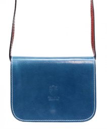 Kožená malá dámská crossbody kabelka modrá s růžovým páskem