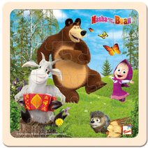 BINO DŘEVO Baby Puzzle Máša a Medvěd koza 15x15cm na desce 4 dílky