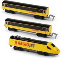 Tramvaj žlutá kovová MHD Městská hromadná doprava zpětný chod