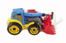 Traktor/nakladač/bagr s vlekem se lžící plast na volný chod 2 barvy v síťce