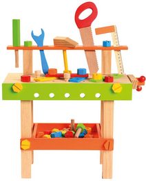BINO DŘEVO Dětský pracovní stůl barevný ponk set s nářadím a doplňky