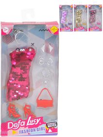 Společenské šaty flitrové pro panenku set s fashion doplňky 4 barvy