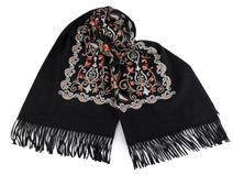 Velký teplý šátek / pléd vyšívaný s třásněmi, typu kašmír 70x180 cm