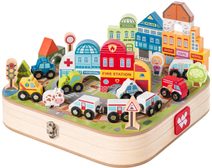 Woody dřevěná vláčkodráha Město (kufřík, auta, domy)
