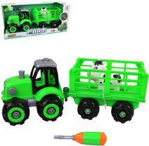 Traktor šroubovací s vlečkou montážní set s nástrojem a zvířátkem na baterie