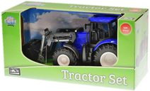 Traktor modrý 27cm s předním nakladačem volný chod plast v krabici