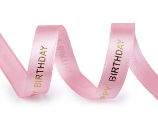 Saténová stuha s metalickým potiskem Happy Birthday šíře 16 mm návin 3m