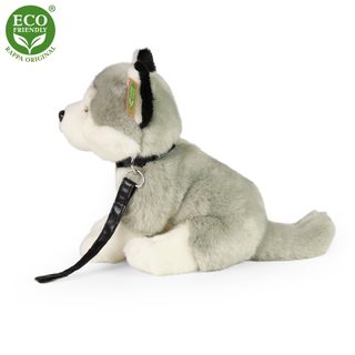 Plyšový pes husky sedící s vodítkem 28 cm