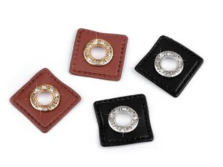Průchodka s broušenými kamínky s koženkovým čtverečkem k našití, průvlek 8 mm 4 ks