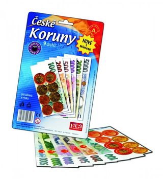 České koruny peníze + mince do hry na kartě 15x16cm
