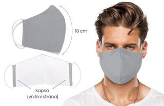 Ústní rouška bavlněná na gumičku s vnitřní kapsou - délka oblouku 18cm uni šedá