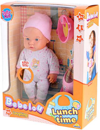 Panenka miminko smějící se 35cm jídlení set s bryndákem na baterie Zvuk