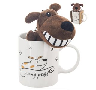 Hrnek porcelánový + plyšový pejsek 0,39 l O0321 - dia 8 x 9,5 cm