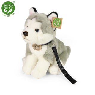 Plyšový pes husky sedící s vodítkem 28 cm