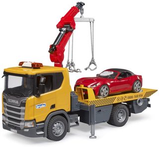 BRUDER 03552 Auto Scania Super 560R odtahovka + roadster na baterie Světlo Zvuk