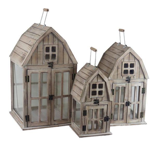 Sada dřevěných domečků luceren S/3 D7075 - výška 35cm, 44cm, 54cm