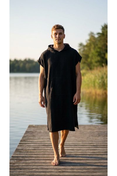 Pánské vaflové pončo s kapucí Saimaa černá