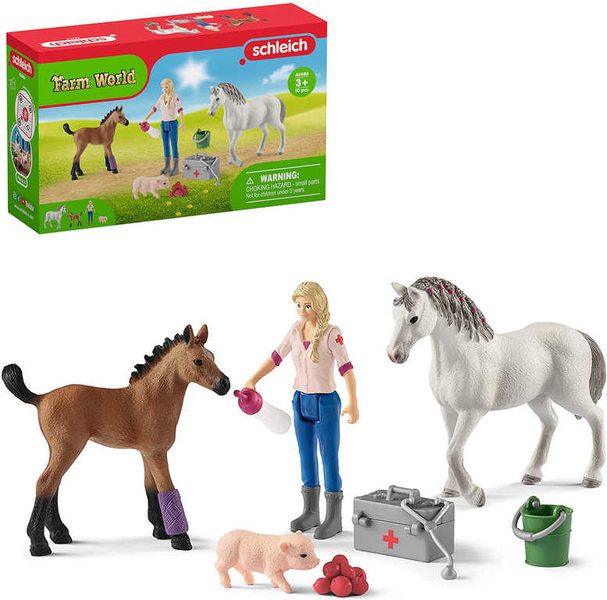 SCHLEICH Návštěva lékaře u klisny a hříběte herní set 2 koníci s doplňky
