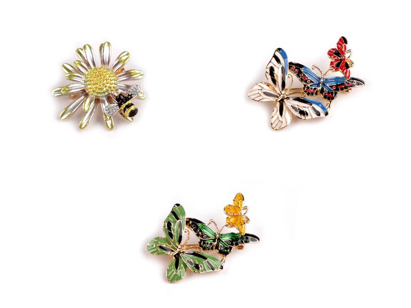 Brož květ s včelou, motýlci