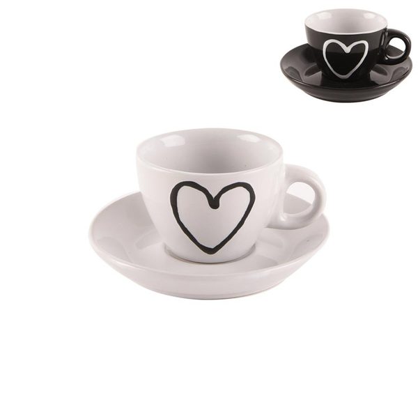 Hrnek s podšálkem HEART sada 6ks 3x bílá 3x černá 90 mlO0044