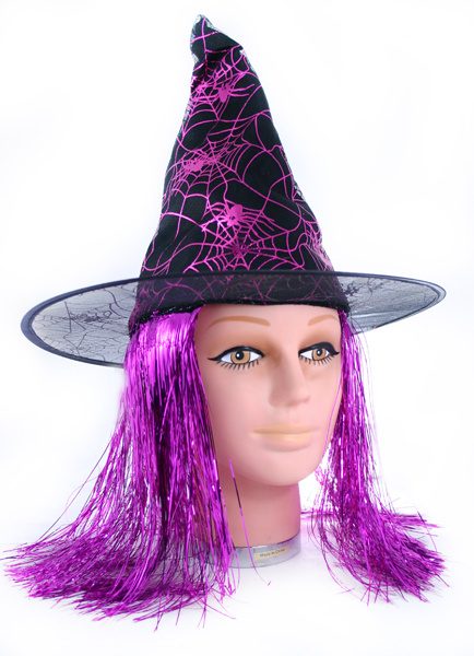 Klobouk Halloween fialový s vlasy