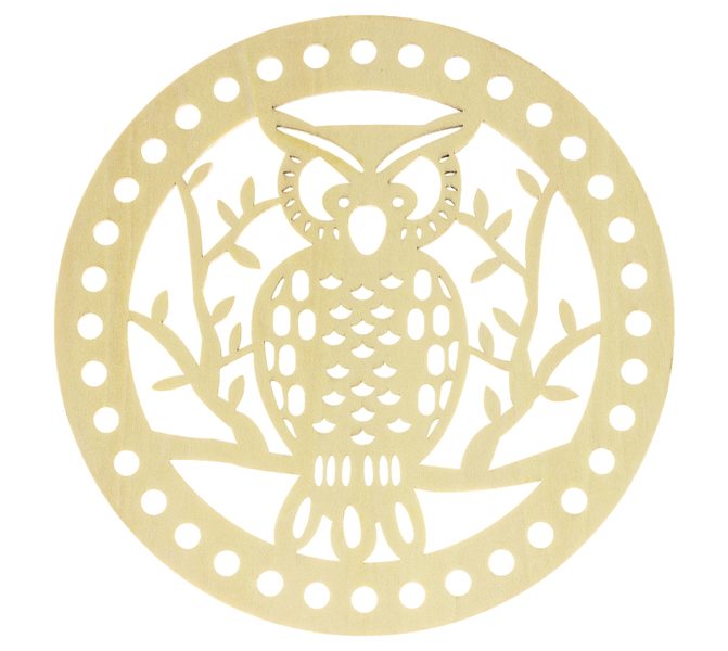 Dno - víko překližkové Natur kruh sova 15 cm průměr / otvory 6 mm