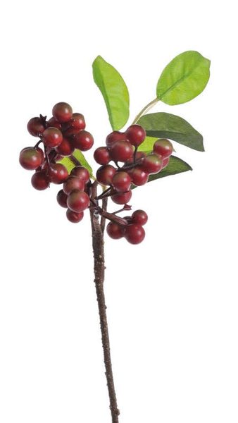 Umělá větvička bobulky s lístky - červená