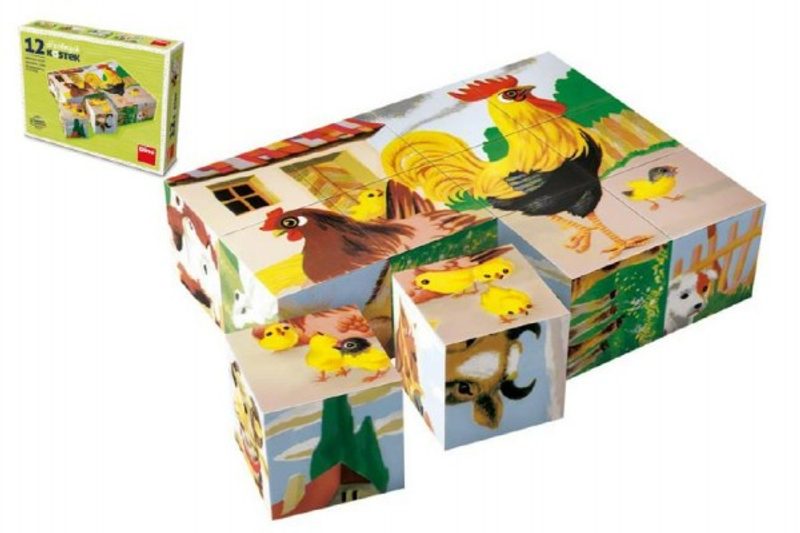Kostky kubus Domácí zvířátka dřevo 12ks v krabičce 16x12x4cm