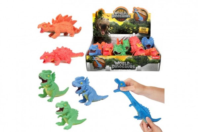 Dinosaurus antistresový sliz mačkací silikon 4x18cm mix druhů 12ks v boxu