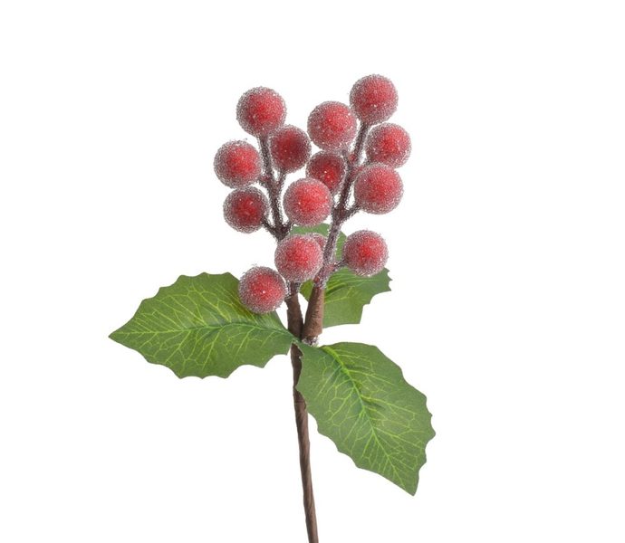 Bobule v cukru větvička 17 cm - červená