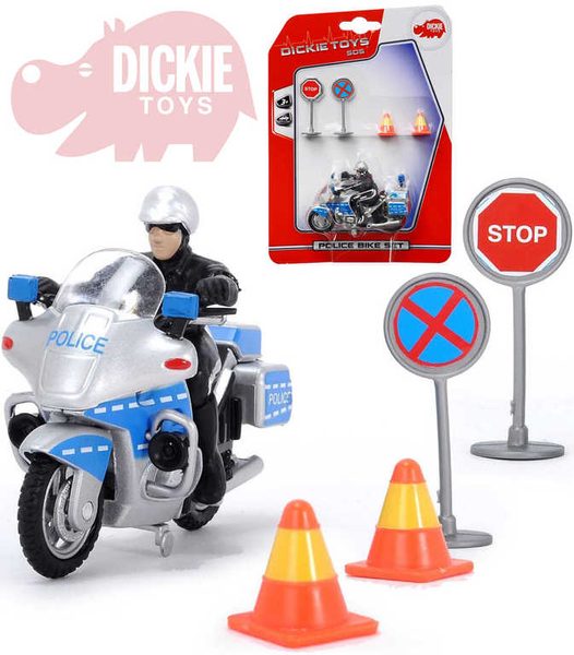 Motocykl policie 10cm set řidič + 2 dopravní značky na kartě